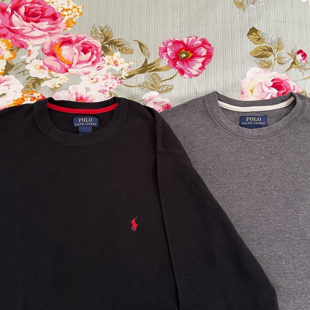 Polo by Ralph Lauren - 2 Waffle knit, crew neck shirts. Navy and Gray